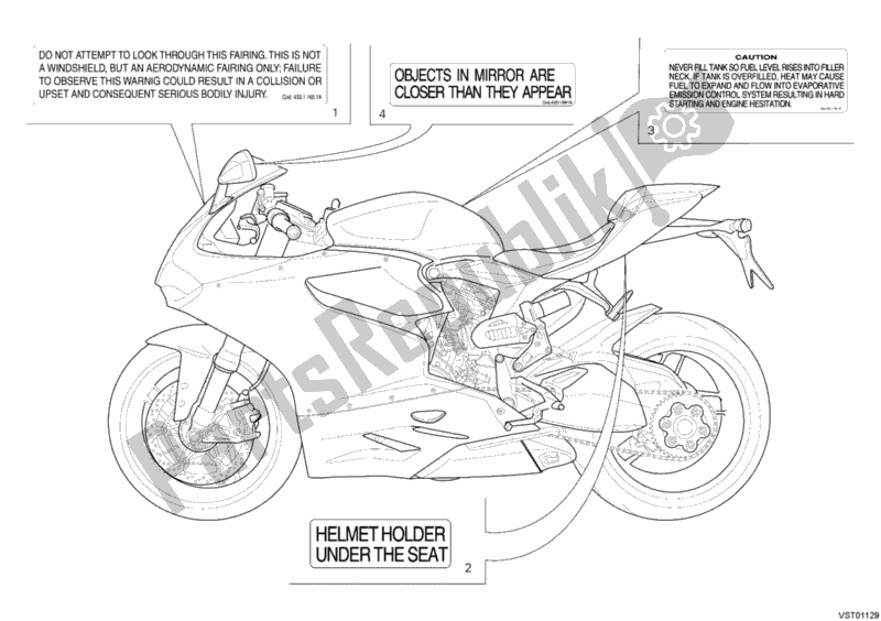 Alle onderdelen voor de Waarschuwingsetiketten van de Ducati Superbike 1199 Panigale S USA 2012
